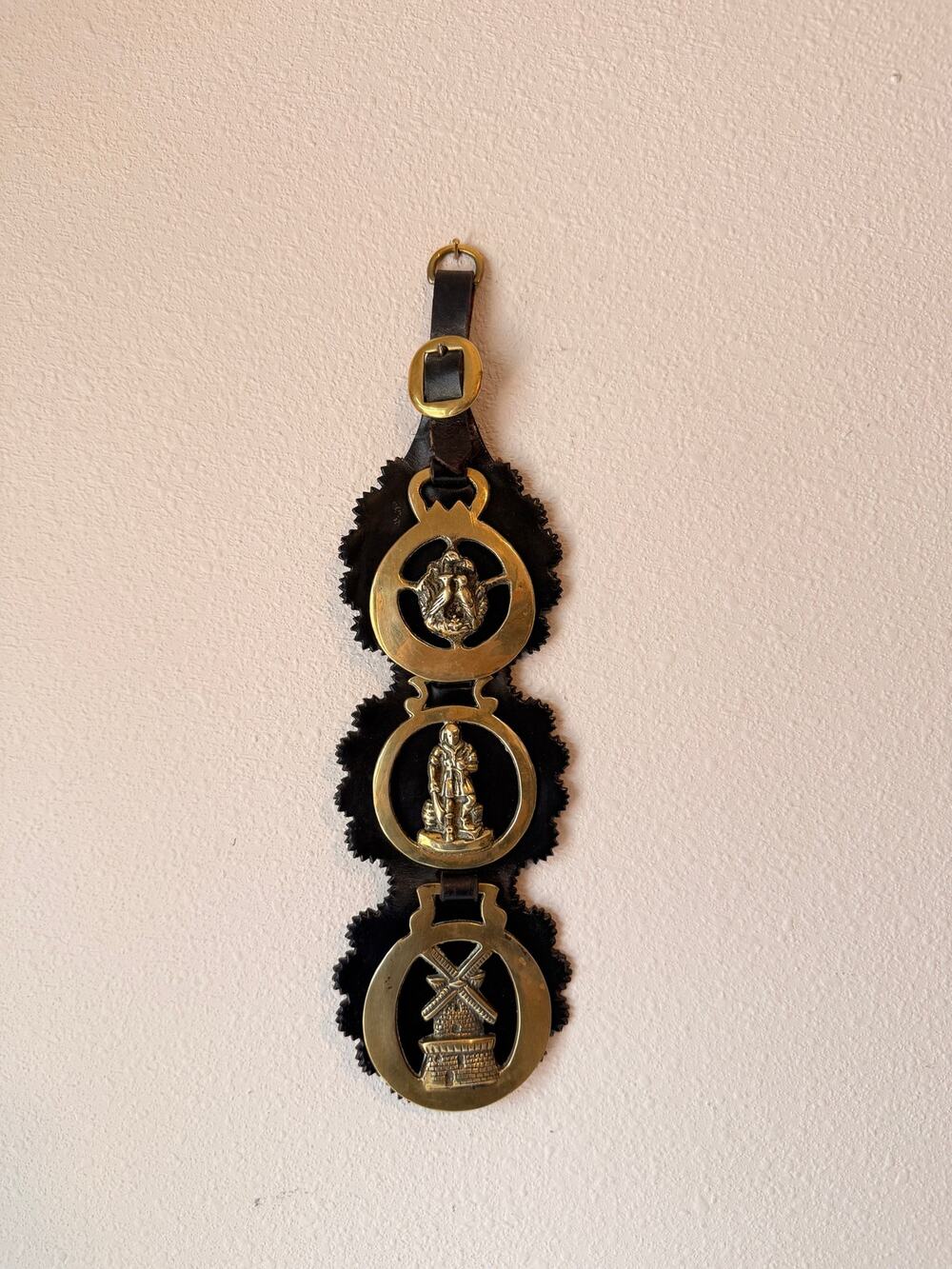 Antique English Horse Brass Medallions Leather Martingale Strap Cornish pixies
